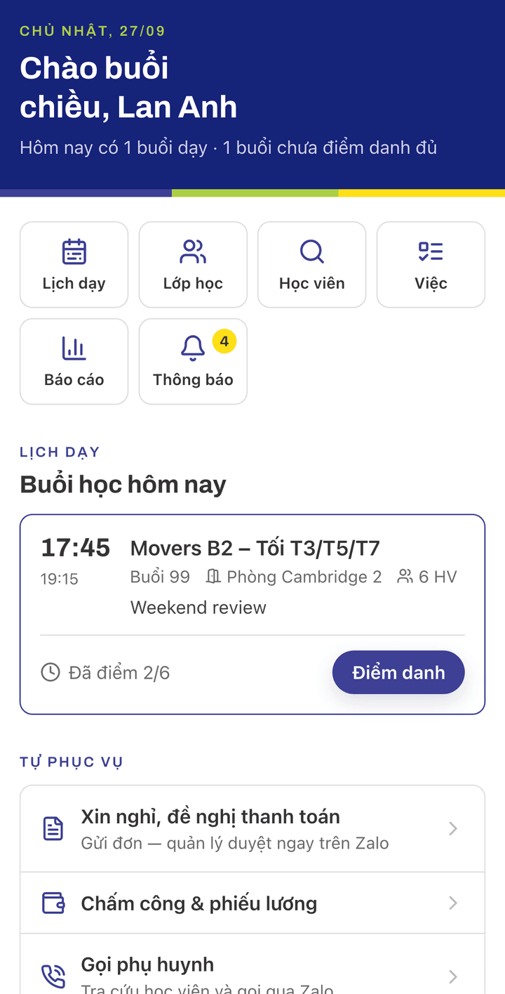 Zalo Mini App for teachers: today's classes and the attendance button